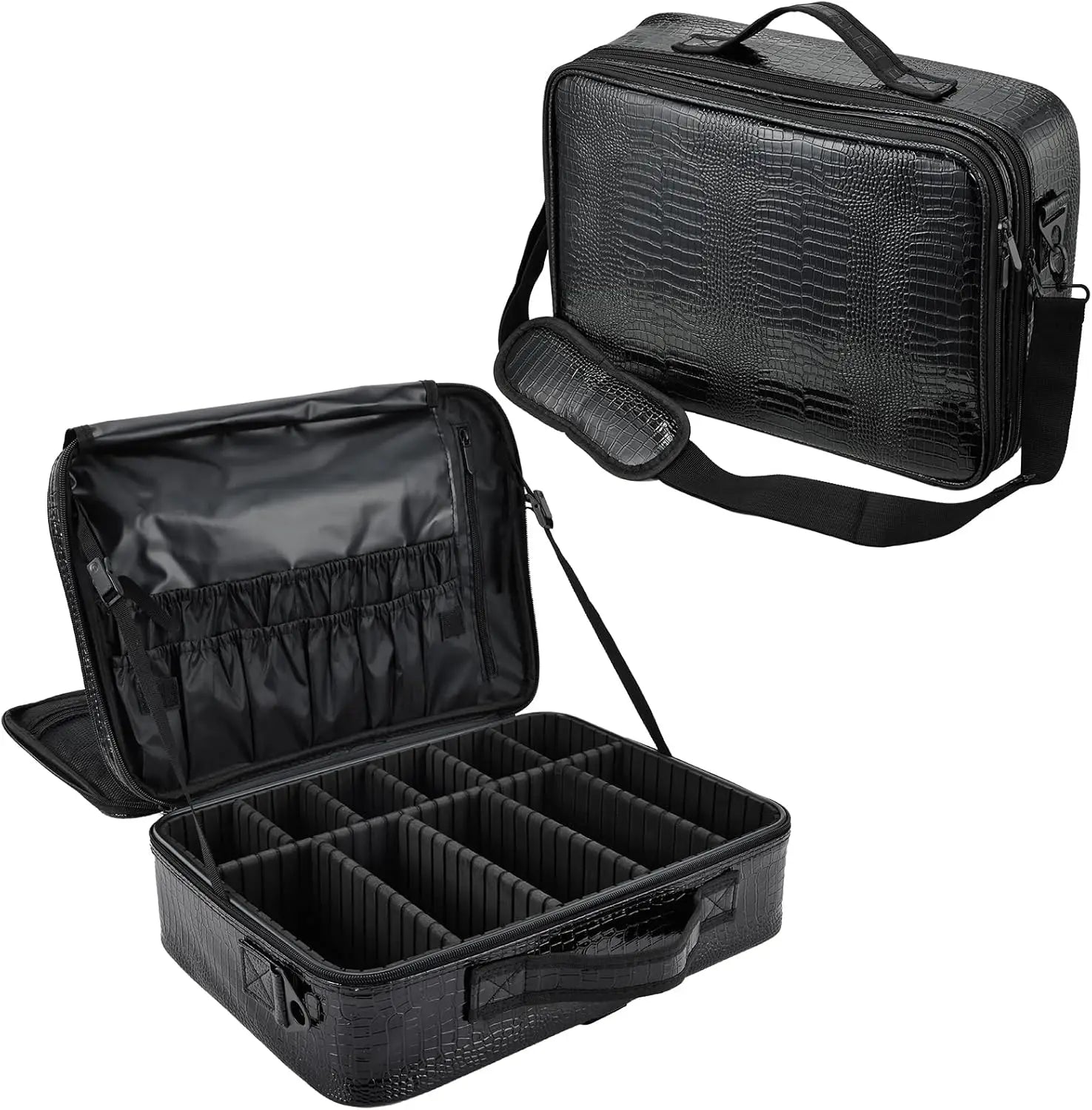 Large Makeup Organizer Bag with Adjustable Dividers Portable Cosmetic Train Case for Travel with Brush Storage & Shoulder Strap