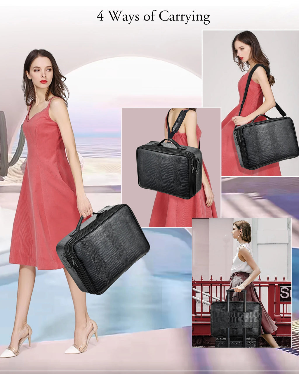 Large Makeup Organizer Bag with Adjustable Dividers Portable Cosmetic Train Case for Travel with Brush Storage & Shoulder Strap