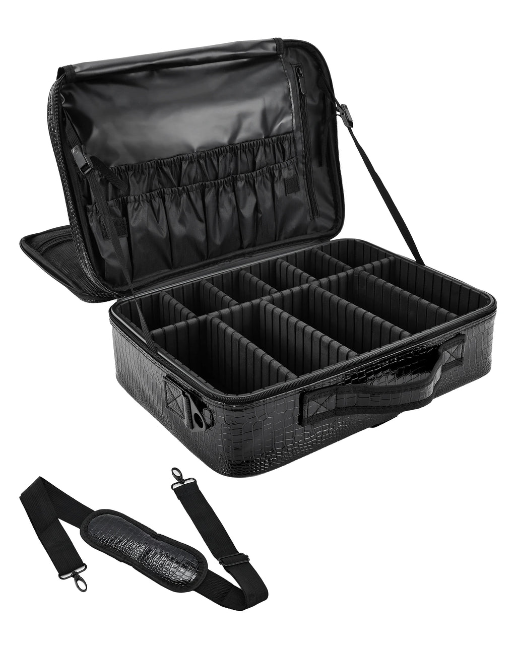 Large Makeup Organizer Bag with Adjustable Dividers Portable Cosmetic Train Case for Travel with Brush Storage & Shoulder Strap
