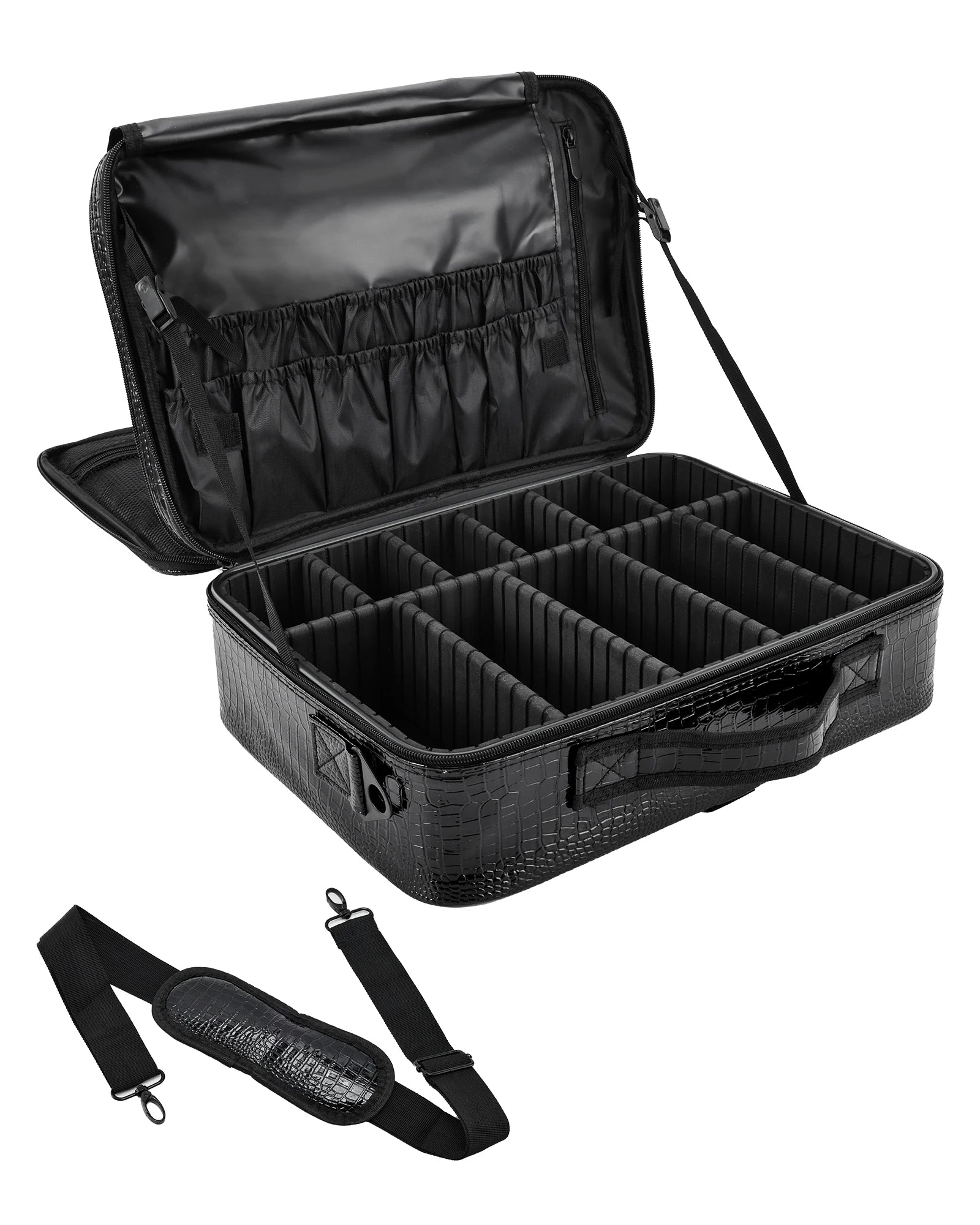 Large Makeup Organizer Bag with Adjustable Dividers Portable Cosmetic Train Case for Travel with Brush Storage & Shoulder Strap