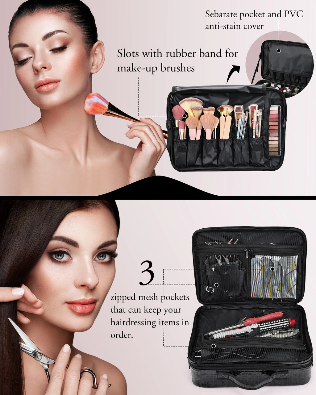PU Leather Double Layers Makeup Train Case Large Capacity Cosmetic Bag Organizer Professional Artist Storage with EVA Dividers