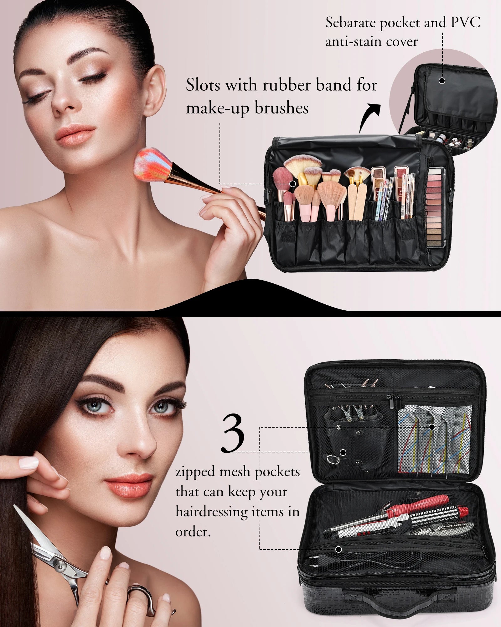 PU Leather Double Layers Makeup Train Case Large Capacity Cosmetic Bag Organizer Professional Artist Storage with EVA Dividers