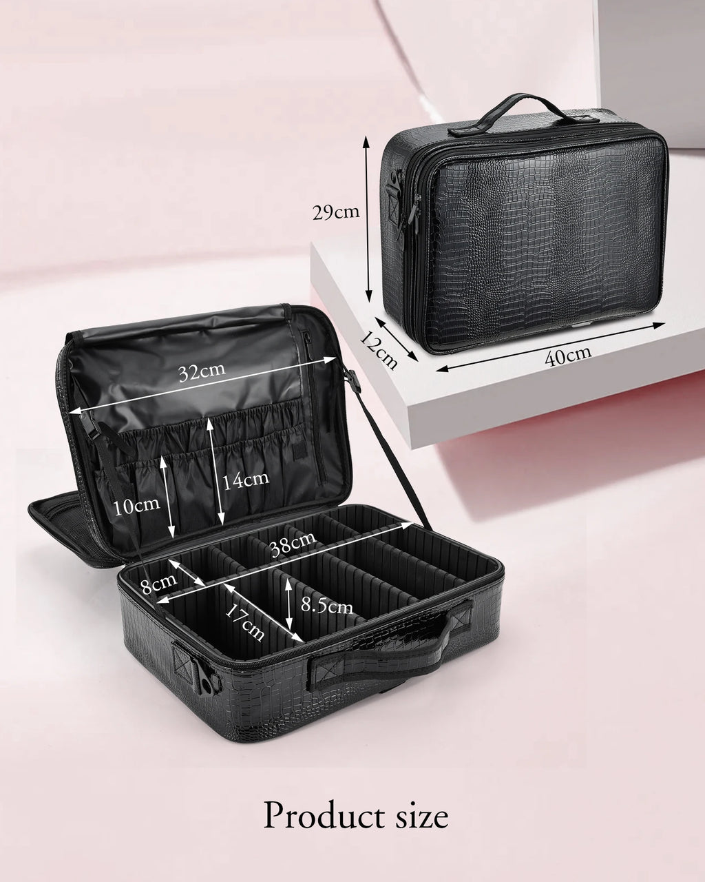Large Makeup Organizer Bag with Adjustable Dividers Portable Cosmetic Train Case for Travel with Brush Storage & Shoulder Strap