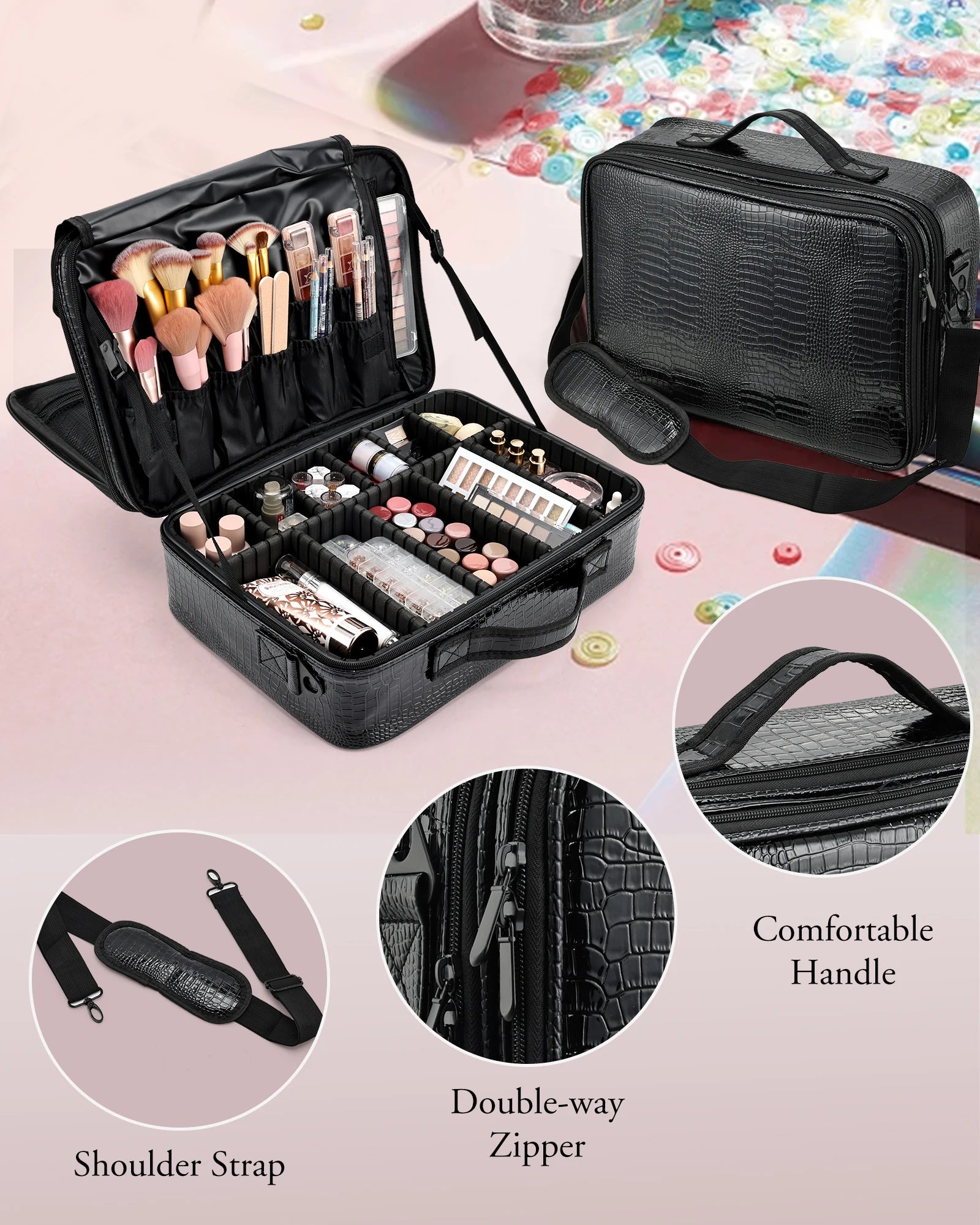 PU Leather Double Layers Makeup Train Case Large Capacity Cosmetic Bag Organizer Professional Artist Storage with EVA Dividers