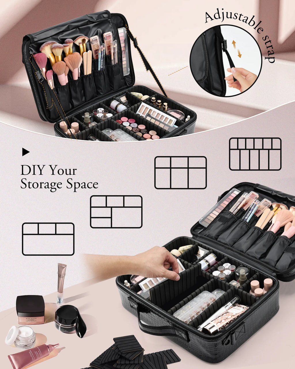Large Makeup Organizer Bag with Adjustable Dividers Portable Cosmetic Train Case for Travel with Brush Storage & Shoulder Strap