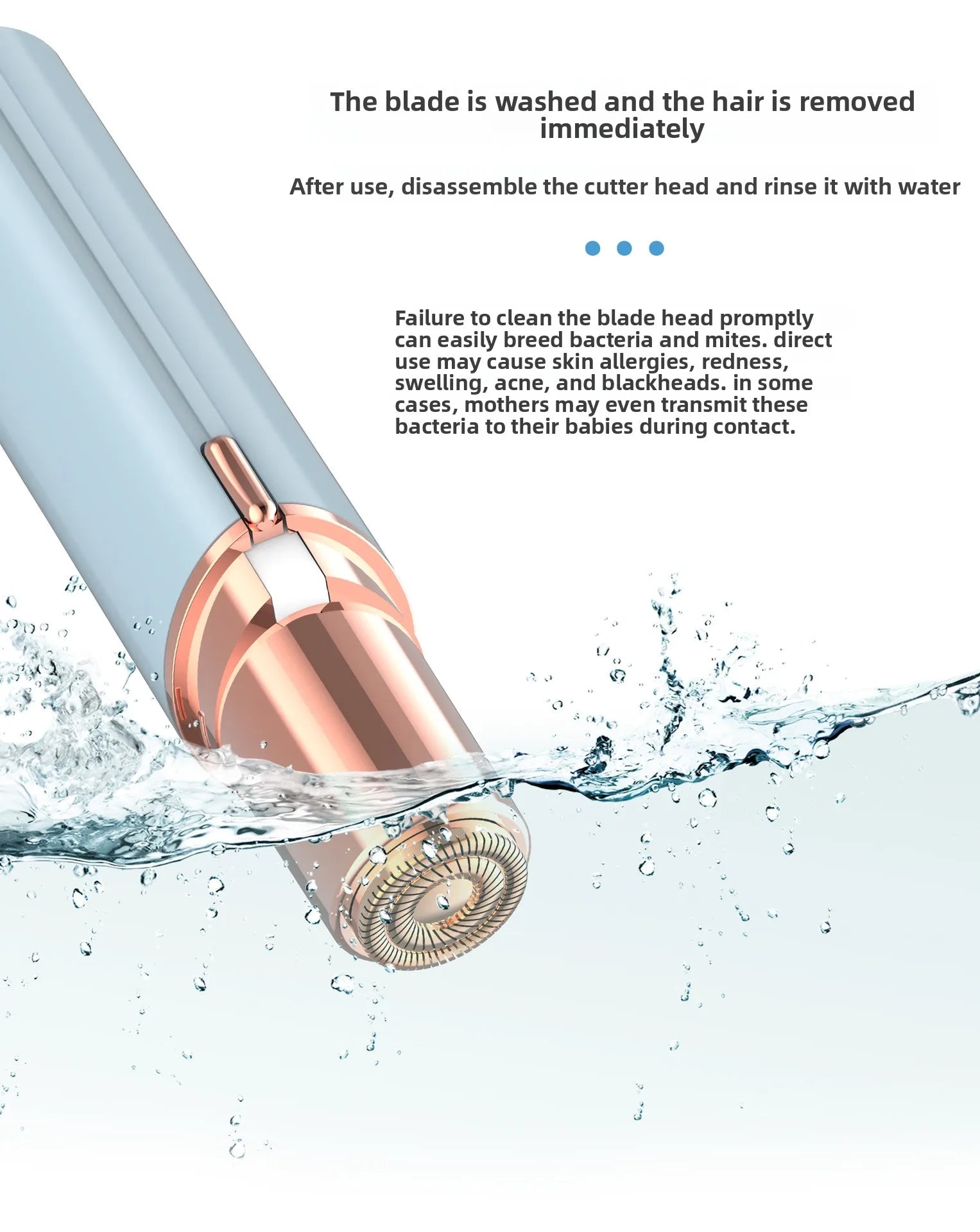 Aparelho de depilação elétrico feminino em forma de batom, suave, com lâminas flutuantes de duplo anel e corte delicado.